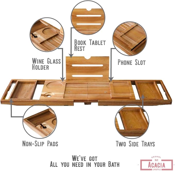 XcE Foldable Acacia Wood Bathtub Caddy Tray - Expandable to 40 Inches with Non-Slip Pads for Couples Luxury Bath - Bloomnest