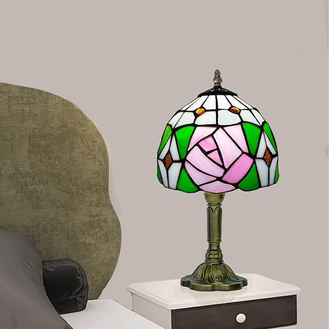 Pink Rose Tiffany Lamp, 8 Inch Small Stained Glass Lamp for Bedside, Bedroom, Living Room - Bloomnest