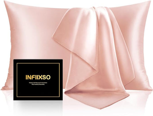 INFIIXSO Silk Pillow Cases 2 Pack Standard Size, Ultra Smooth & Soft Mulberry Silk Pillow Case for Hair and Skin, Breathable Cooling Silk Pillowcase with Hidden Zipper (Coral, 20x26 Inches) - Bloomnest