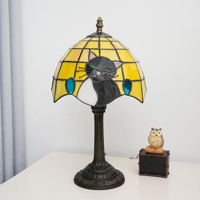 Small Tiffany Lamp Stained Glass Table Lamp Elegant Cute Retro Vintage Style White Black Cat Bedside Night Lamp For Nightstand Bedroom Home Decor Kitchen Counter Antique Living Room Office Fun Lamps - Bloomnest