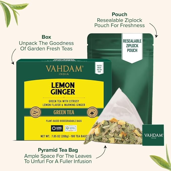 VAHDAM, Lemon Ginger Tea Bags (100 Green Tea Bags) Low Caffeine | Fruity Flavor - Zesty Lemon & Ginger, Orange Peel | Resealable Ziplock Pouch | Brew Hot or Iced Tea - Bloomnest