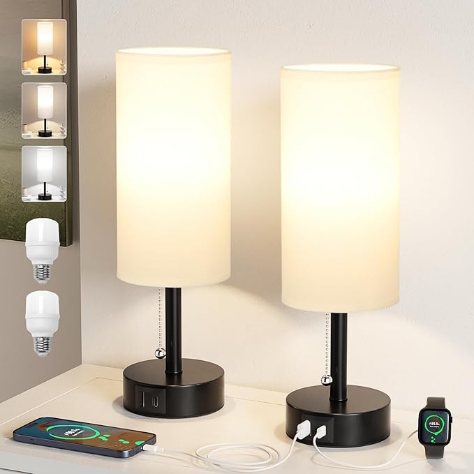 Fenmzee USB Bedside Table Lamps Set of 2-3 Color Temperatures Pull Chain Lamp with USB C and A Charging Ports, Round Night Stand Lamps for Bedroom - Bloomnest