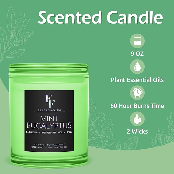 Mint Eucalyptus Scented Candle, 2-Wick Luxury Soy Wax Candle, 9 oz Aromatherapy Candle Home Fragrance Candles Gift - Bloomnest