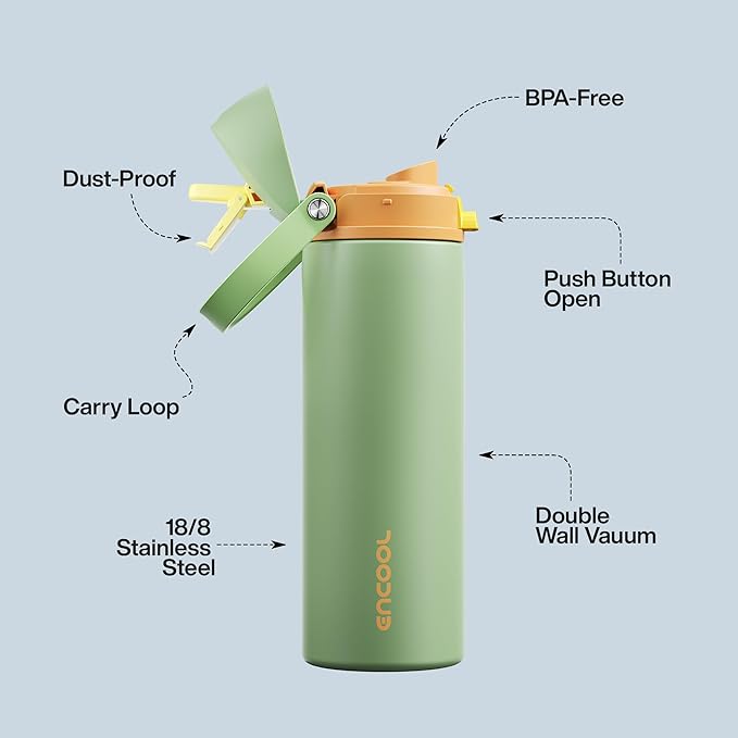 Insulated Water Bottle with Straw - Encool Stainless Steel Water Bottle with Push Button Lid, Leak-Proof & BPA-Free, Keeps Cold for 24 Hours for Sports, Travel, Gym (24 oz, Lichen-Yellow) ENCOOL