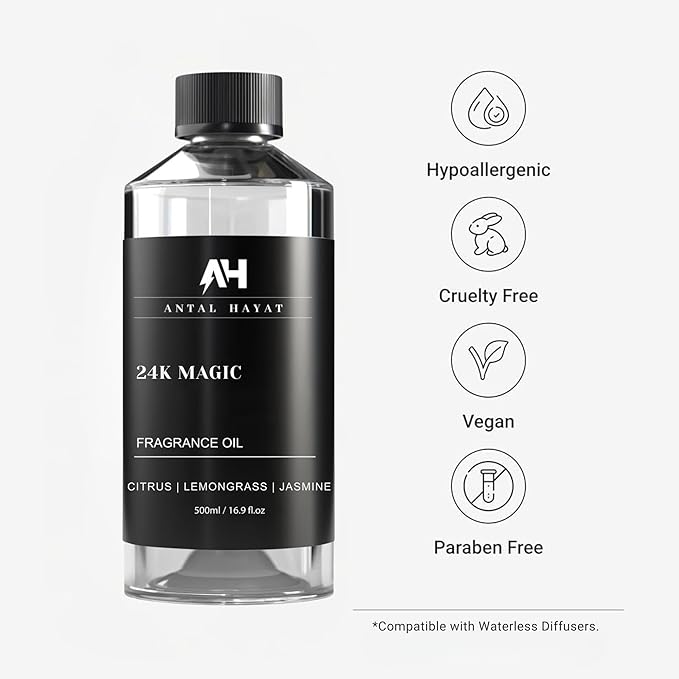 24K Magic Scent Diffuser Oil 500mL - Inspired by Luxury Hotel W Hotels - Notes of Zesty Citrus, Floral Jasmine, & Delicate Lily - Aromatherapy Home Fragrance - 24K Diffuser Oil - AH Diffuser Oils - Bloomnest