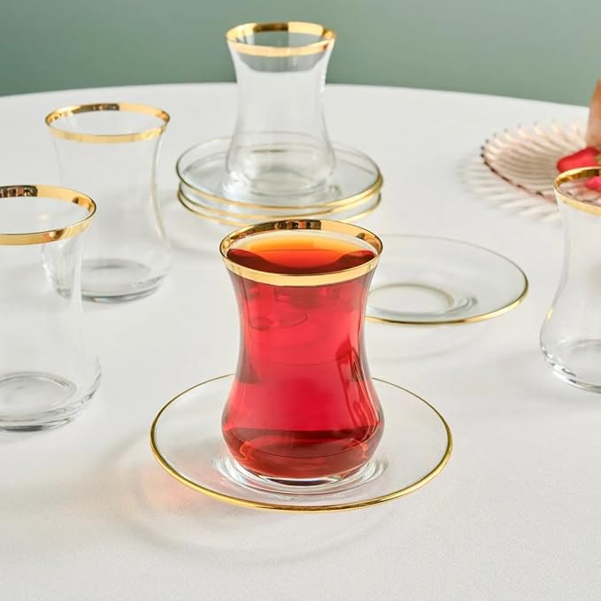 KARACA Sydney Glass Turkish Tea Set for 6 People, Gold, 12 Pieces Tea Service, 6 Turkish Tea Glasses with Saucers, Glass, 5.4 fl oz Tea Plates/Saucers - Bloomnest