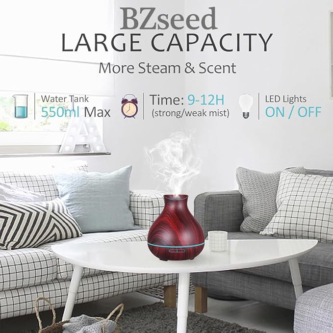 BZseed Aromatherapy Essential Oil Diffuser 550ml 12 Hours Wood Grain Aroma Diffuser with Timer Cool Mist Humidifier for Large Room, Home, Baby Bedroom, Waterless Auto Shut-off,7 Colors Lights Changing - Bloomnest