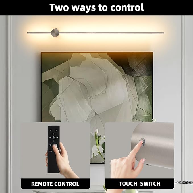 Battery Operated Wall Sconces with Remote, Dimmable 3000K-6000K/Timer/Memory LED Wall Lamp, 350°Rotate, USB Rechargeable Wireless wall lights for Living Room, Bedroom Brushed Nickel 39.3" (2 Pack) - Bloomnest