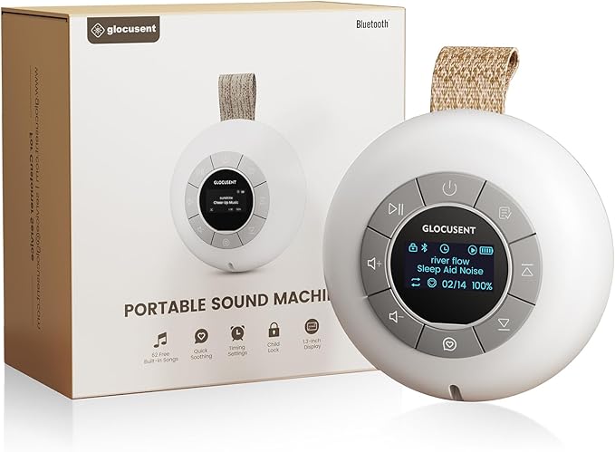 Glocusent Portable Sound Machine for Baby Kids Adults - 62 Sounds & 5W Stereo Speaker for Sleeping, 30Hrs Long Lasting Rechargeable White Noise Sound Machine with 4 Timer, Suitable for Home Travel - Bloomnest