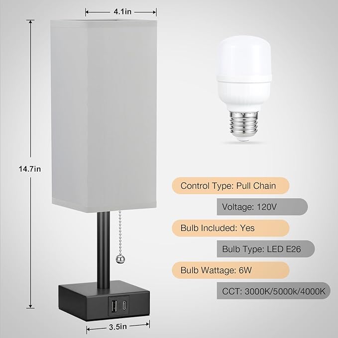 Gray Small Bedroom Lamp - 3 Color Temperature 3000K 5000K 4000K Bedside Lamp, Pull Chain Control, USB A and C Charging Ports, Black Base, for Kids Office Dorm, Bulb Included - Bloomnest