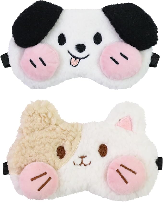 Cute Sleep Eye Masks for Kids, Kawaii Cartoon Kids Sleeping Mask for Women Boys Girls Teens, Soft Plush Adjustable Eyeshade Silk Travel Nap Eye Cover (White+Pink) - Bloomnest