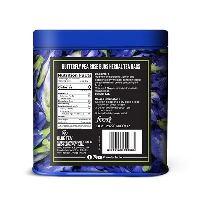 BLUE TEA - Butterfly Pea Flower Tea - Rose Buds - 30 Count - Pyramid Plant Based Tea Bag | ANTIOXIDANT RICH | Caffeine Free - Non-Bitter - Flower Based - Gluten Free - Non-GMO | Tin Packaging - Bloomnest