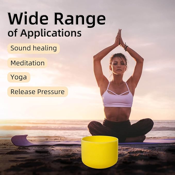 8 inch Yellow E Note Solar Plexus Chakra Quartz Crystal Singing Bowl, for Healing Mindfulness Meditation Yoga Sound Baths, with Rubber Mallet O-ring