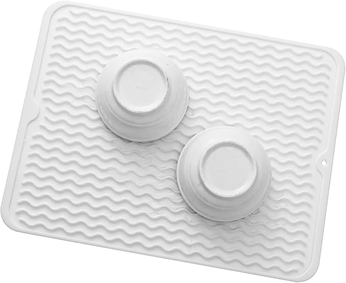 Silicone Dish Drying Mat for Multiple Usage,Easy clean,Eco-friendly,Heat-resistant Silicone Mat for Kitchen Counter or Sink,Refrigerator or drawer liner White L 16 inches x 12 inches - Bloomnest