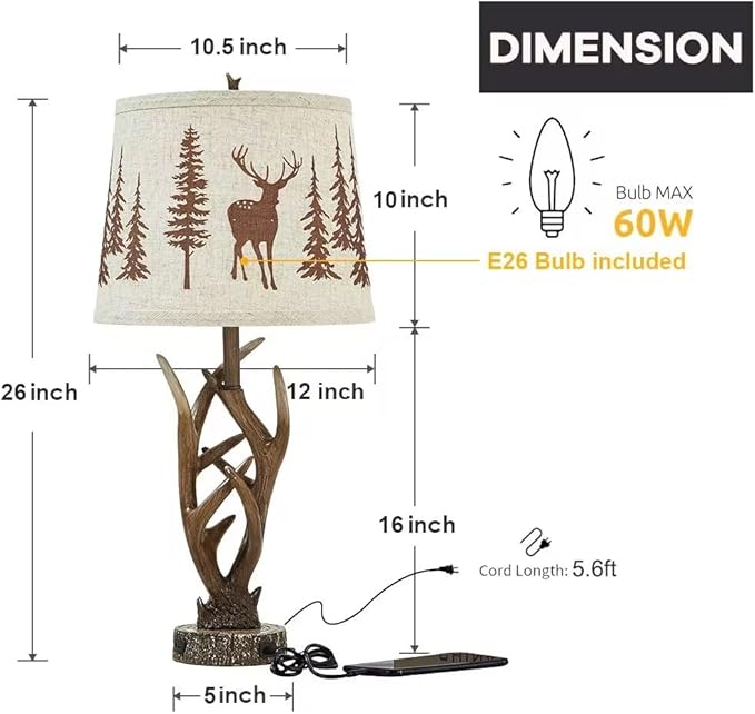 Dungoo 26" Touch Control Antler Table Lamps Set of 2, 3-Way Dimmable Rustic Lamp with 2 USB Ports, Natural Antler Lamp with Deer Forest Lampshade Farmhouse Lamps for Living Room Foyer - Bloomnest