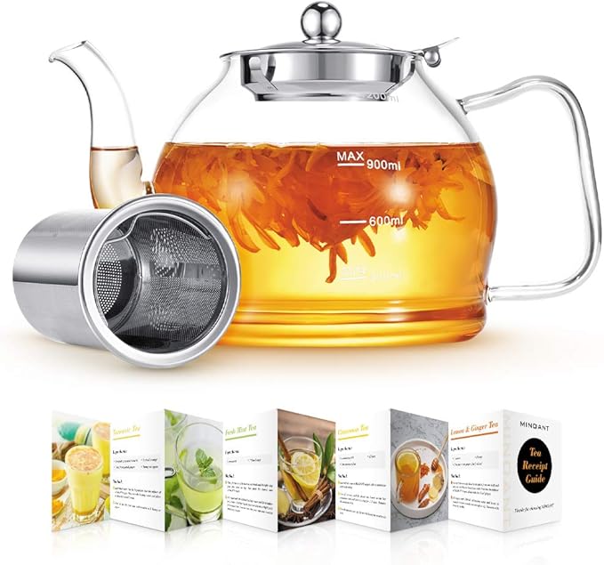 Glass Teapot, 40oz/1200ml Tea Pot with Removable Infuser for Loose Tea, Stovetop Safe Borosilicate Glass Tea Kettle with Strainer and Lid, Hand Crafted Clear Teapot with Scale Line, Tea Brewer Guide - Bloomnest