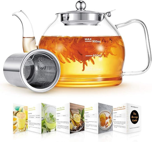 Glass Teapot, 40oz/1200ml Tea Pot with Removable Infuser for Loose Tea, Stovetop Safe Borosilicate Glass Tea Kettle with Strainer and Lid, Hand Crafted Clear Teapot with Scale Line, Tea Brewer Guide - Bloomnest