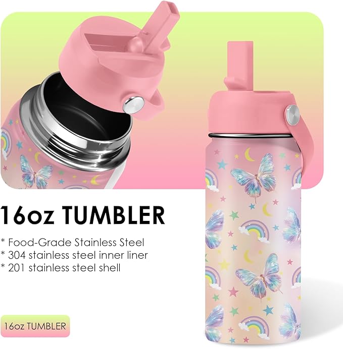 Butterfly Gifts - 16oz Pink Kids Water Bottle with Straw Lid, Stainless Steel Insulated Tumbler, Leakproof, BPA-Free, for Girls, School, Travel - Butterfly Rainbow Themed Birthday Gift Cup (1pc) - Bloomnest