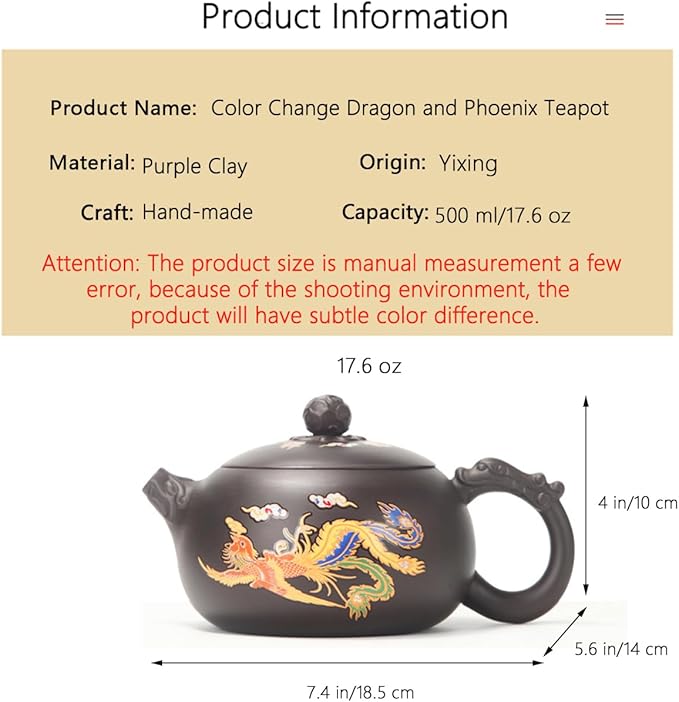 Hand-made Dragon and Phoenix Color-changing Purple Clay Teapot，Zisha Tea Pot Chinese Kung Fu Tea Set Tea Lover‘s Gift Large Capacity Teapot(17.6 oz) - Bloomnest