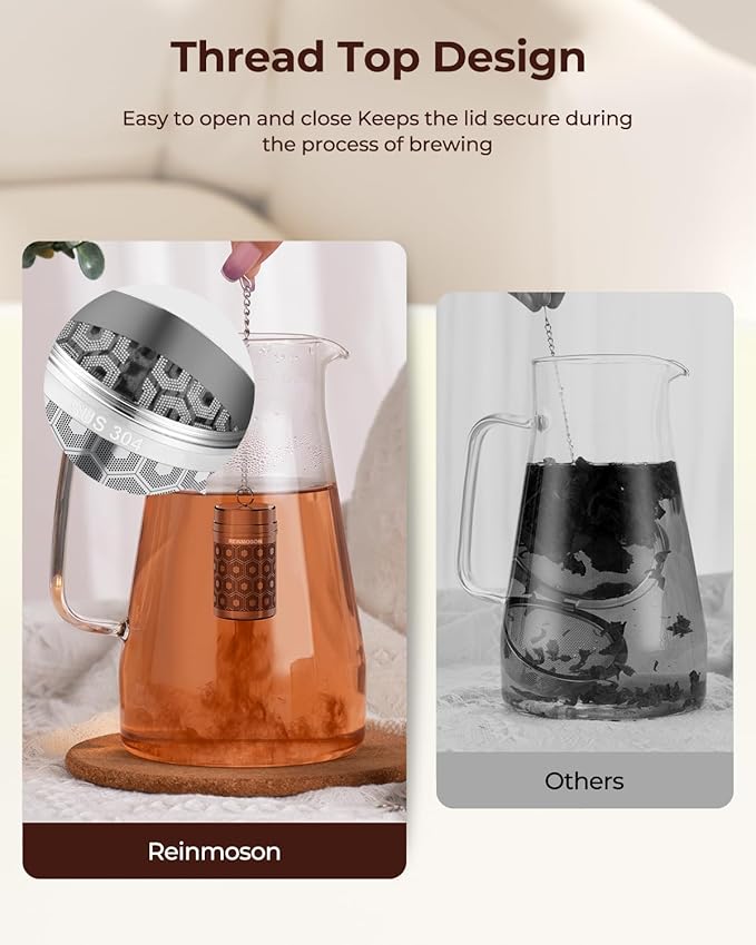 2 Pack Reinmoson Mini Tea Strainers for Loose Tea, Extra Fine Mesh Tea Infuser, 304 Stainless Steel & Updated Slim Threaded Lid, Loose Leaf Tea Steeper for Black Tea, Rooibos, etc