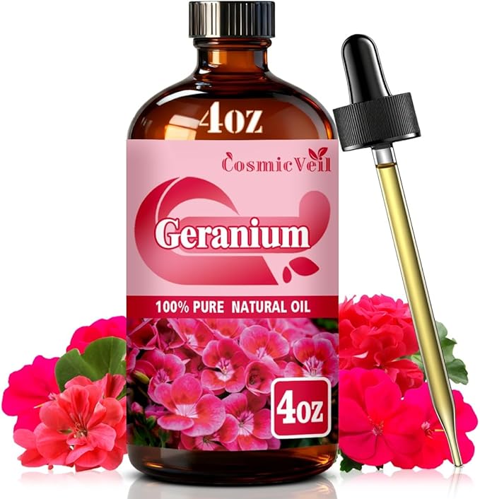 Geranium Essential Oil Fragrance Oil for Aroma Diffuser,Humidifier,Home Fragrance,Cleaning,Body Care,Massage,Yoga,DIY Candle,DIY Soap CosmicVeil（Geranium，4 Fl Oz (Pack of 1)） Cosmicveilessentialoil