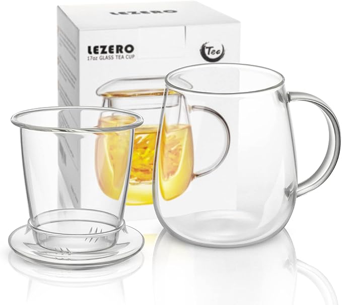 Lezero Glass Tea Cup with Strainer and Lid Gift Kit, Borosilicate Infuser Mugs with Filter for Blooming & Loose Leaf Tea, Heat Resistance, Lead-free, Microwave & Dishwasher Safe, 17oz - Bloomnest