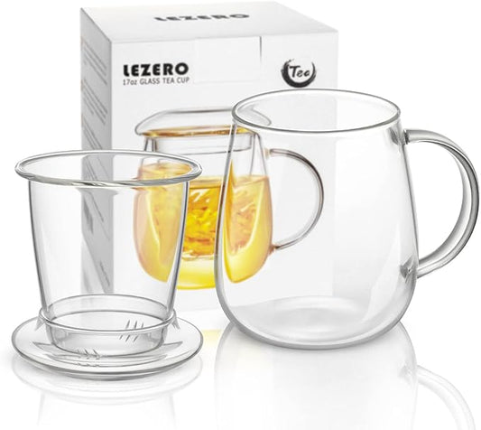 Lezero Glass Tea Cup with Strainer and Lid Gift Kit, Borosilicate Infuser Mugs with Filter for Blooming & Loose Leaf Tea, Heat Resistance, Lead-free, Microwave & Dishwasher Safe, 17oz - Bloomnest