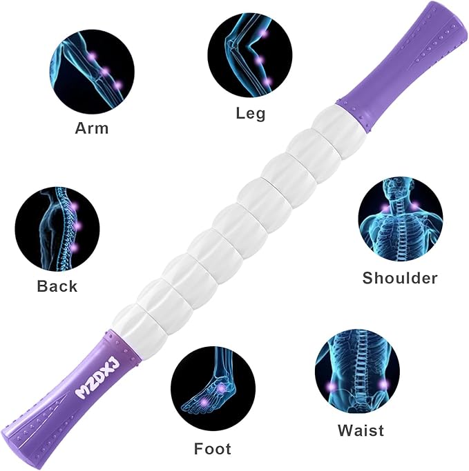 Muscle Roller Massage Roller Stick- Deep Tissue Fascia Blaster for Myofascial Pain Relief, Lymphatic Drainage & Body Sculpting, Handheld Physical Therapy & Recovery Tool (Purple White-18 inch) - Bloomnest