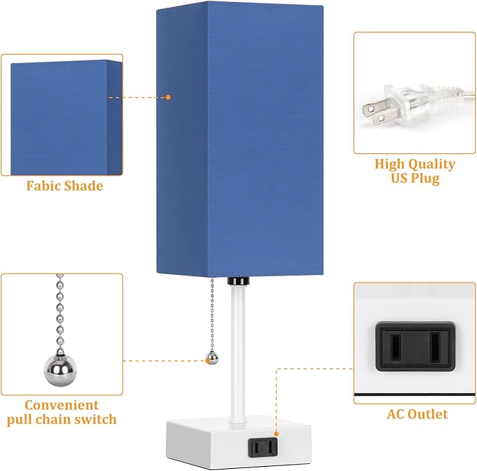 Table Lamp for Bedroom set of 2,3-Color Bedside Lamps with Pull Chain Table Lamps for Nightstand with AC Outlets,Small Night Light Lamps with 2 Bulbs Lamps for Living Room Kids Room Office Decor（Blue） - Bloomnest