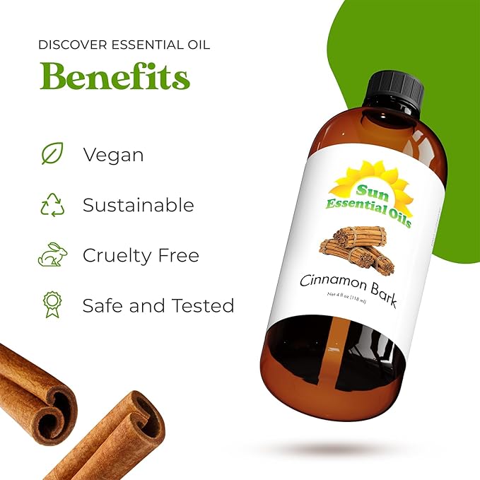 Sun Essential Oils - Cinnamon Bark Essential Oil (4 oz) with Dropper for Diffuser, Aromatherapy Massage, Skin & Hair, Fragrance for Candle, Soap & Lotion Making at Home SunEssentialOils