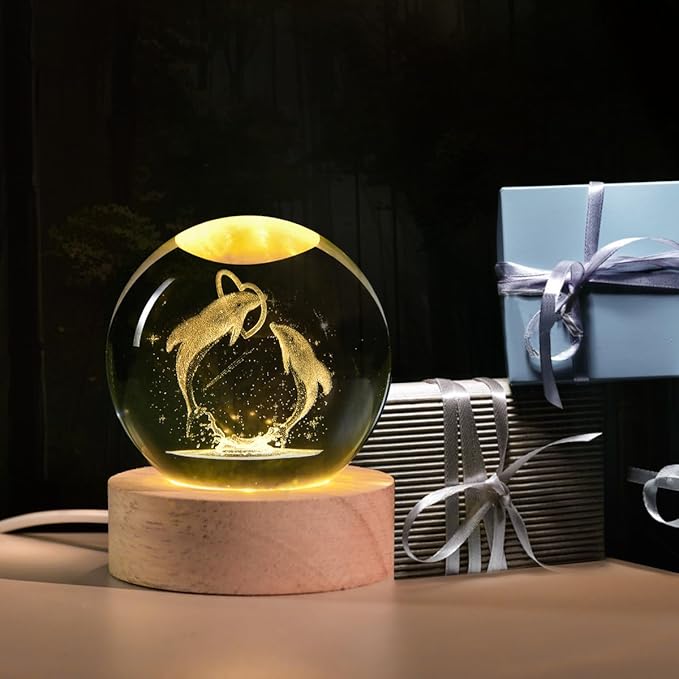 3D Laser Engraved Dolphin Crystal Ball, Romantic Dolphin & Heart LED Night Light, 60mm Sea Animal Figurines Decor Glass Sphere Lamp Gifts for Women Kids Mom - Bloomnest