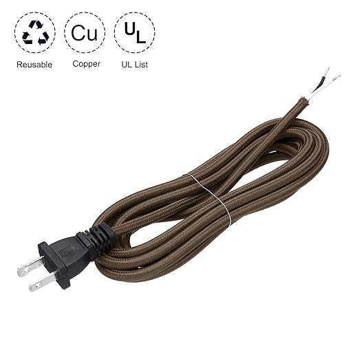uxcell 8Ft 18/2 Cloth Covered Lamp Cord with Plug, Vintage Electrical Lamp Cord with Stripped Ends for Extension Wiring DIY Repairing, Brown