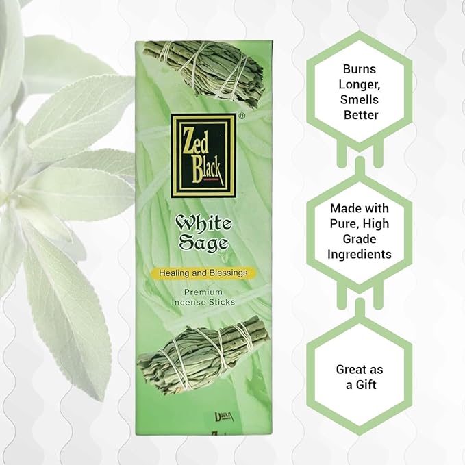 Zed Black White Sage Incense – 20 Sticks Hand Rolled Sticks | Premium Aromatherapy Incense for Relaxation, Stress Relief, Prayer & Spiritual Rituals.