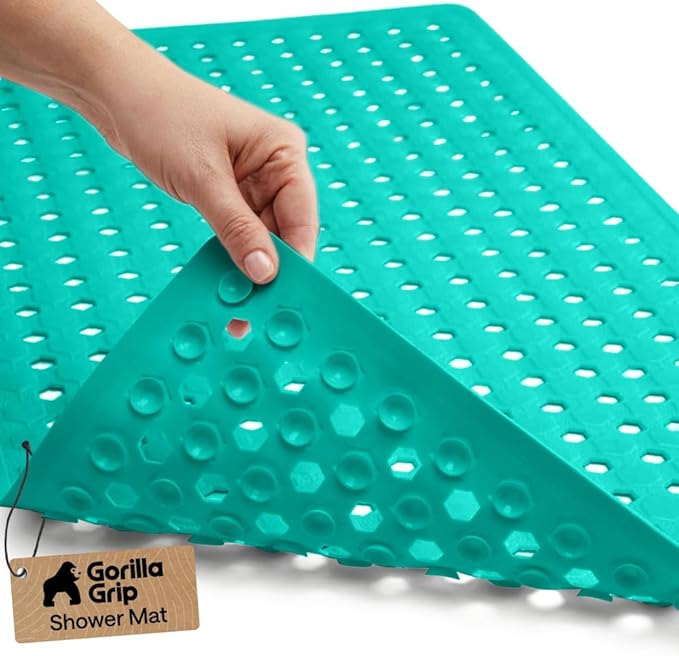 GORILLA GRIP Patented Bath Tub Shower Mat, Machine Washable Bathtub Floor Liner Mats, Suction Cups and Drain Holes to Keep Tubs Clean, Soft on Feet, Bathroom Essentials, 35x16 Inch, Turquoise Opaque - Bloomnest