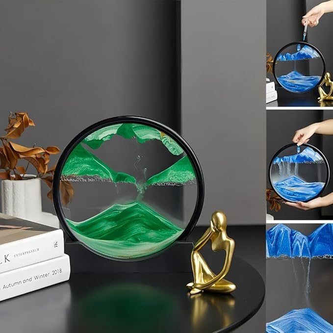 BGFJYUK Moving Sand Art Picture in Motion, Round Glass 3D Deep Sea Sandscapes with Display Flowing Sand Frame for Relaxing Desktop Home Office Work Décor for Kids Adults (Green, 12inch) - Bloomnest