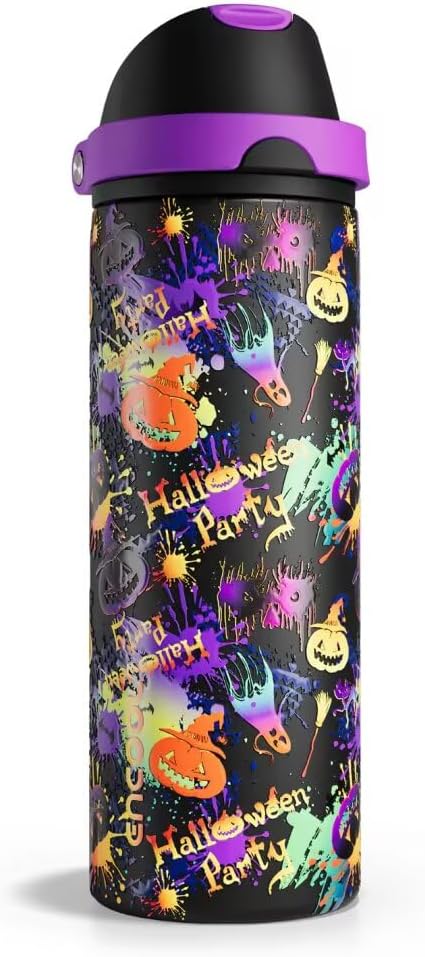 Insulated Water Bottle with Straw - Encool Stainless Steel Water Bottle with Push Button Lid, Leak-Proof & BPA-Free, Keeps Cold for 24 Hours for Sports, Travel, Gym (24 oz, Ghost Party) ENCOOL