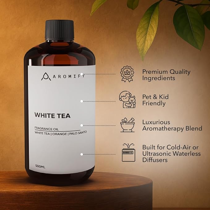 White Tea Diffuser Oil, 16.9 FL Oz, 500 mL, Aroma Essential Oil for Scent Diffusers, Luxury Hotel Scent for Home, Bathroom, Spa & Office, Natural White Tea Fragrance Oil, Orange & Palo Santo. - Bloomnest