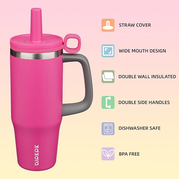 BJPKPK 32oz Stainless Steel Insulated Tumbler with Handle and Straw Travel Coffee Mug Thermal Cups with Lid,Barbie Pink - Bloomnest