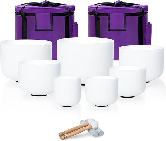6-12inch White 432hz Quartz Crystal Singing Bowls Set of 7, for Healing Mindfulness Meditation Yoga Sound Baths with Case Mallet Suede Striker - Bloomnest