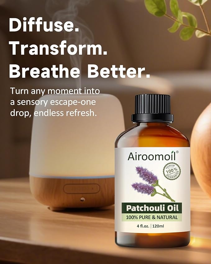 100% Pure Patchouli Essential Oil, 4 fl oz | for Diffusers, DIY Perfume, Soap Making, Aromatherapy, Skin Use, Blending & Scent Customization, Long-Lasting Aromatherapy for Home Airoomoil