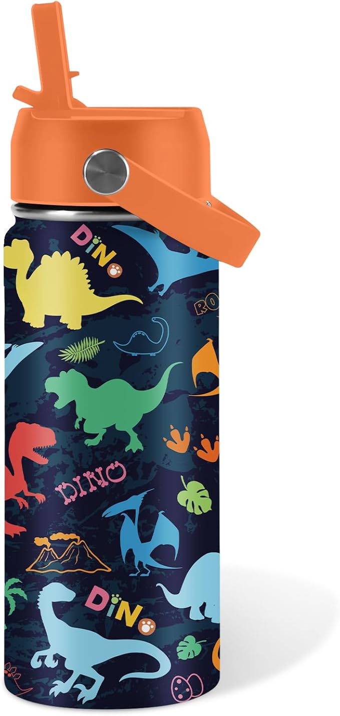 Dinosaur Gifts for Kids - 16oz Colorful Dino Water Bottle with Straw Lid, Stainless Steel Insulated Tumbler, Leakproof, BPA-Free, for Boys & Girls, School, Travel - Dino Lovers Birthday Gift Cup (1pc) - Bloomnest
