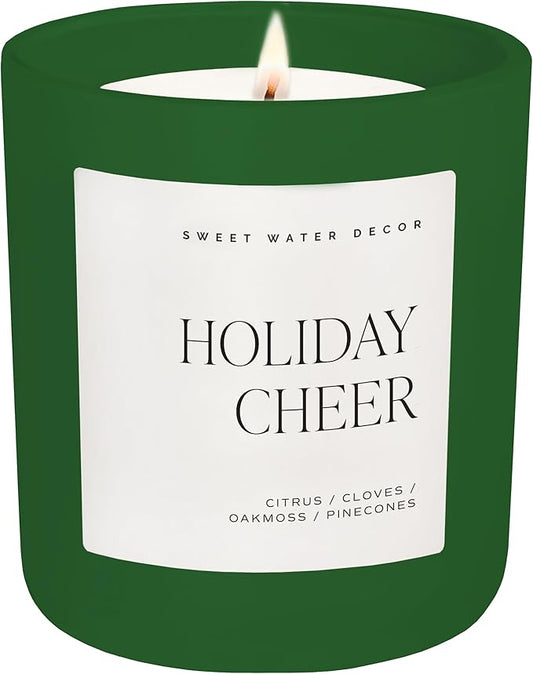 Sweet Water Decor Holiday Cheer Candle - Citrus, Cloves, Pine Scented Soy Candles for Winter - 15oz Green Jar, 70+ Hour Burn Time, Made in The USA - Festive Christmas Candle - Bloomnest