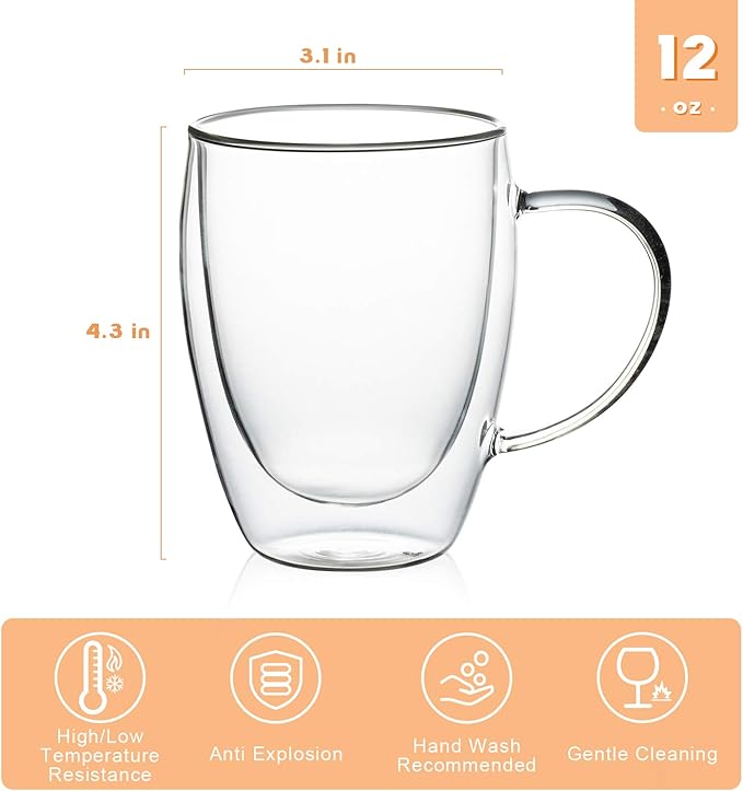 MEWAY 12oz/6 pack Coffee Mugs,Clear Glass Double Wall Cup with handle for Coffee, Tea, Latte, Cappuccino (12 oz，6) - Bloomnest