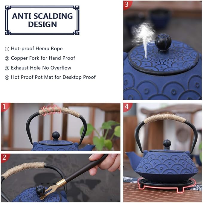 Japanese Style Cast Iron Teapot Set with 4 Tea Cups Iron Tea Kettle with Infuser Hemp Rope Trivet Asian Gift for Adults Parents (Fish Scale Pattern, Blue,Anti Rust) - Bloomnest