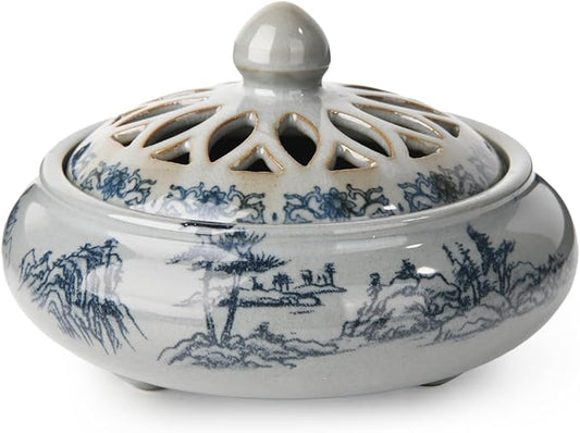 Ceramic Incense Burner with Holder for Stick/Coil Incense,Sage Cones and Mosquito Incense Handmade Smudging Burn Bowl for Cleansing Negative Indoor Energy and Other Incense Rituals, Cyan - Bloomnest