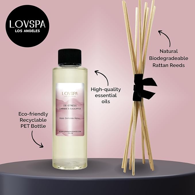 LOVSPA DE-Stress Lavender Eucalyptus Diffuser Oil - Luxury Essential Oils for Diffuser Refill & Air Freshener Room Spray - Long-Lasting Home Fragrance, Scented Oil for Diffusers, USA Made, 4oz - Bloomnest