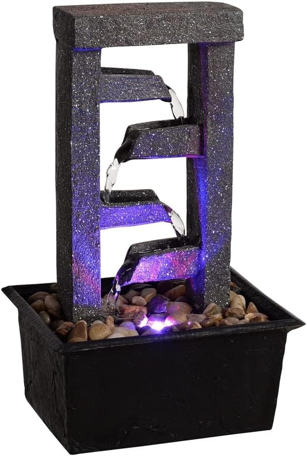 GOSSI 10" H 4 Tiered Cascading Rectangle Indoor Desktop Fountain with Natural River Rocks and RGB Color Changing LED Lights Home/Office Decoration Meditiation Resin waterfull Tabletop Fountain - Bloomnest