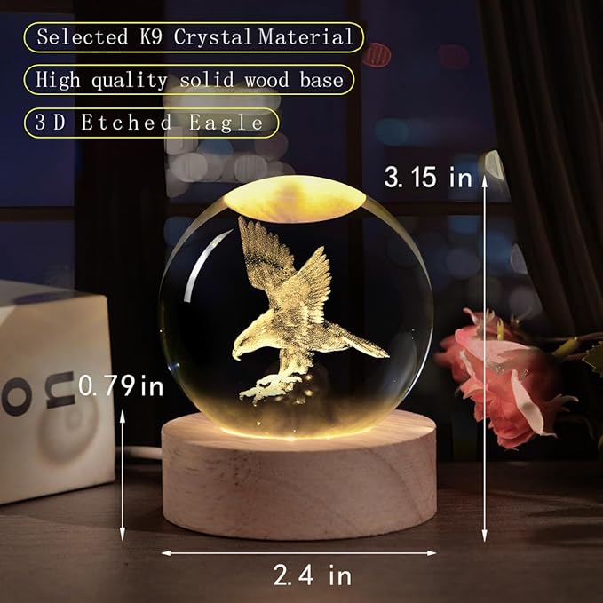 3D Laser Engraved Eagle Crystal Ball, Animal Figurine Decor Glass Sphere Lamp Night Light, Eagle Statue Gifts for Men Women Kids - Bloomnest