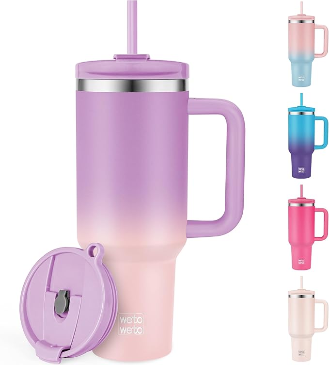 WETOWETO 40oz Tumbler with Handle | Insulated Stainless Steel Travel Mug | 34Hrs Cold & 10Hrs Hot Retention | 100% Leakproof Lid & Straw | Dishwasher Safe + Car Cup Holder Fit (Purple-Pink Gradient) - Bloomnest