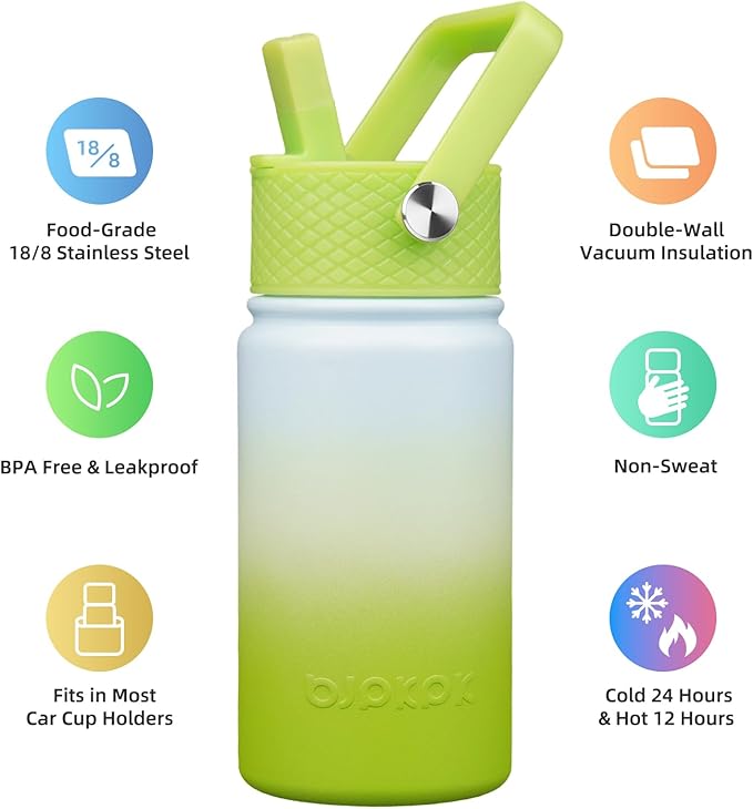 BJPKPK Insulated Water Bottle with Straw Lid, 15oz Cute Water Bottles, Stainless Steel Metal Thermo, Reusable BPA Free Leak Proof Tumblers, Cups,Lime - Bloomnest